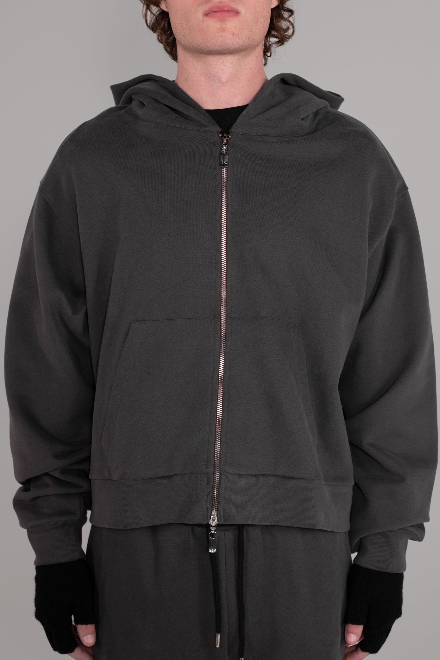 WASHED CROPPED ZIP HOODIE - CHARCOAL