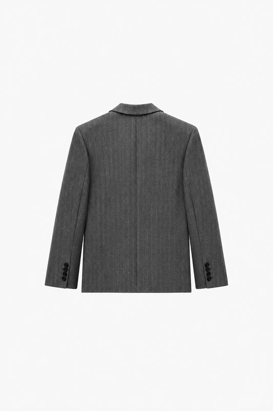 Heathrow Double-Breasted Blazer in Grey Pinstripe, back view