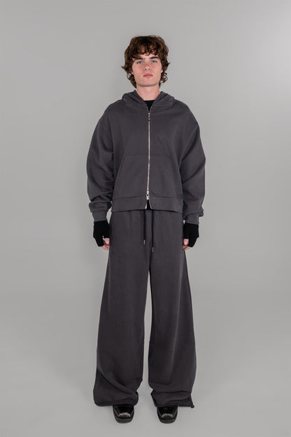 WASHED CROPPED ZIP HOODIE - CHARCOAL