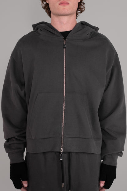 WASHED CROPPED ZIP HOODIE - CHARCOAL